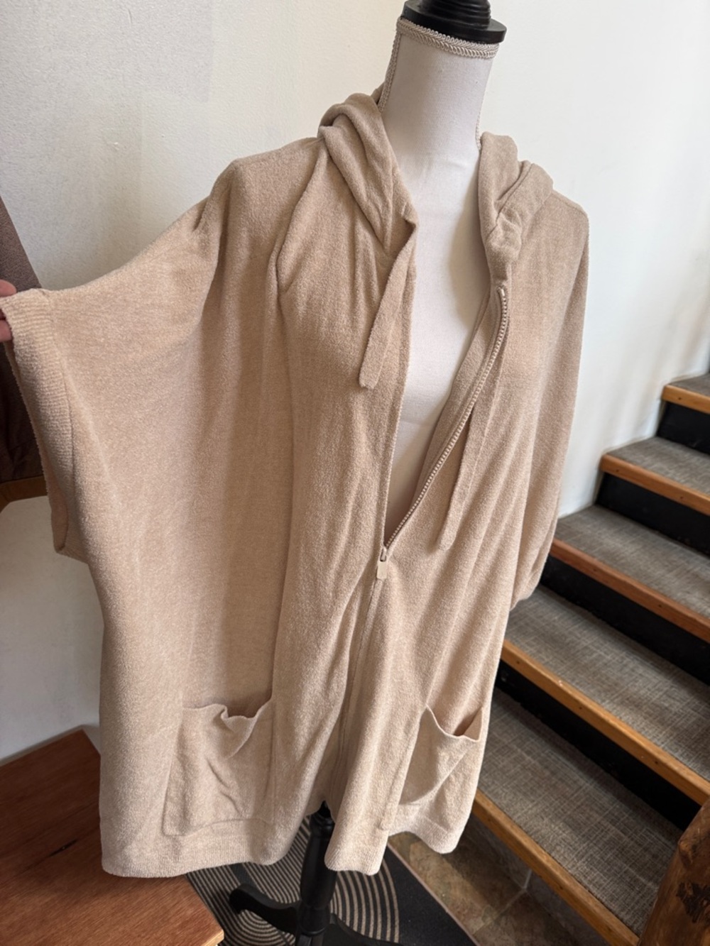 Beige Hooded Zip-Front Poncho